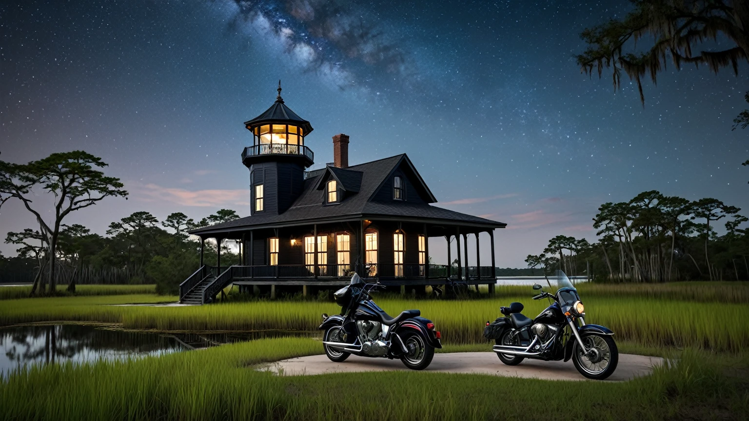 a traditional black beach house with octagonal turret & octagonal cupola on top of roof, motorcycle in the front yard, near by a lake surrounded with bald cypress trees & marshes, dark night sky, midnight, Louisiana swamp, background