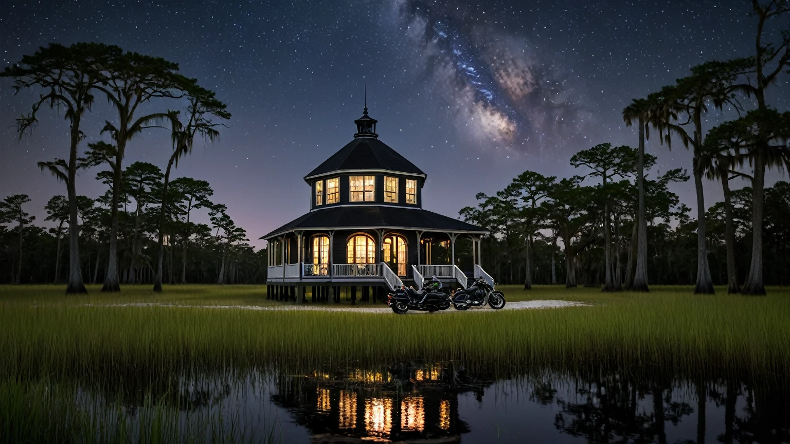 a traditional black beach house with octagonal turret & octagonal cupola on top of roof, motorcycle in the front yard, near by a lake surrounded with bald cypress trees & marshes, dark night sky, midnight, Louisiana swamp, background
