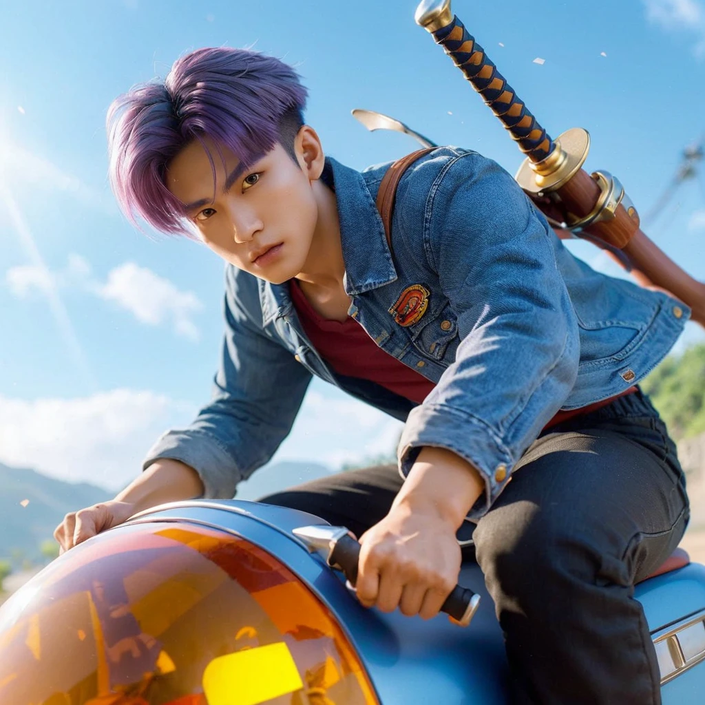 3d hyper realistic of an asian man ,25 years old, short and spiky purple hair ,wearing a blue denim jacket and black jeans with a sword on his back like the Trunks character, with a capsule motorbike like in the dragon ball manga, background on the hill in sunny day ,cinematic,4K,uhd