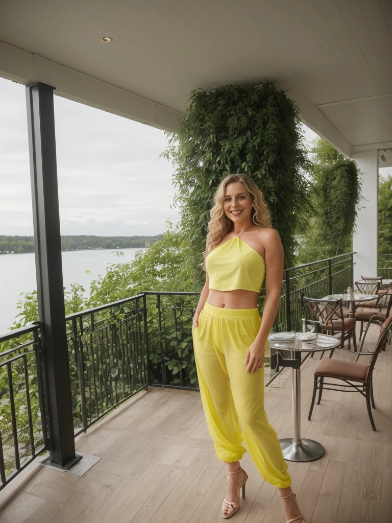 Dawn Zulueta, a solo photorealistic of Dawn Zulueta, Mature woman, (((45 years old woman))), (((Swedish brown eyes))), Swedish lips, Swedish high nose, (((with body and face wrinkle))), (((Swedish light blond long wavy curly blond hair))), (((On the veranda of a modern cafe overlooking a picturesque lake, she stands seductively, taking in the breathtaking view before her. The veranda is designed with contemporary elegance, featuring sleek metal railings and comfortable seating that allows patrons to relax and enjoy the scenery. Inside the cafe, large windows offer panoramic views of the lake, allowing natural light to flood the space and create an airy, open feel. The decor is minimalist and tasteful, with modern furnishings and perhaps some greenery to bring a touch of nature indoors.))), (((she is wearing a a bright yellow tube top paired with chic white see-through pants. The tube top is a bold statement piece, vibrant in color and flattering in its simplicity. It hugs the woman's upper body, accentuating her shoulders and neckline while adding a pop of cheerful color that catches the eye. Paired with the tube top, the white see-through pants add an element of sophistication and contrast. The pants are lightweight and airy, offering a peek at the silhouette underneath while maintaining a sense of elegance and modernity))), Let your face light up with a wide smile, crinkling your eyes at the corners and showing off your teeth. Radiate happiness and warmth., (((dynamic pose)))