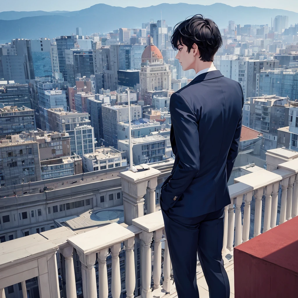1boy, short black hair, red eyes, wearing all blue suits, on top of a building, high res, ultrasharp, 8k, masterpiece, looking at viewer from behind
