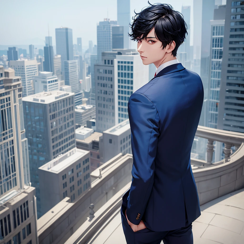 1boy, short black hair, red eyes, wearing all blue suits, on top of a building, high res, ultrasharp, 8k, masterpiece, looking at viewer from behind