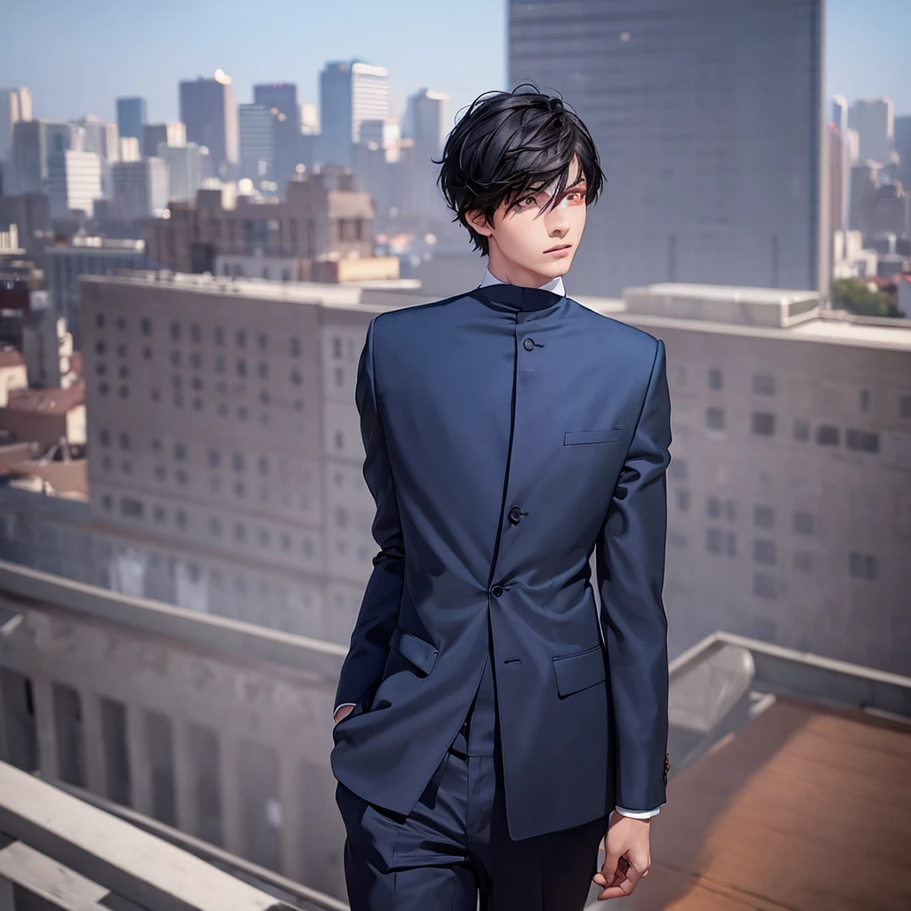 1boy, short black hair, red eyes, wearing all blue suits, on top of a building, high res, ultrasharp, 8k, masterpiece, looking at viewer from behind
