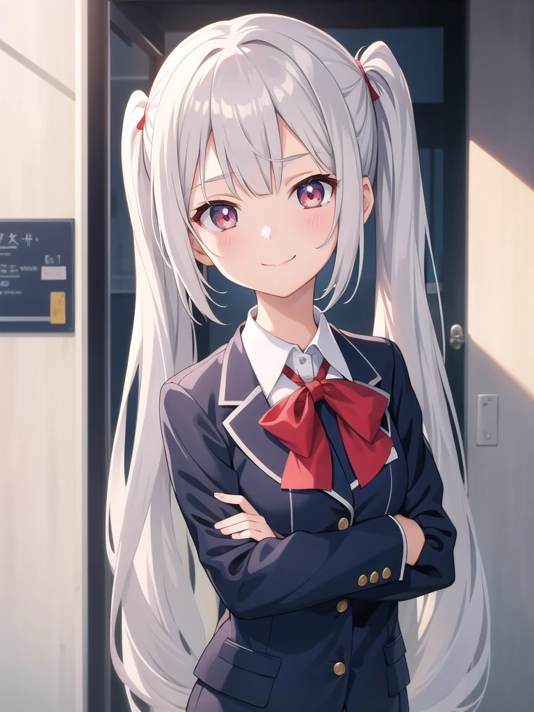 1girl, anime girl, silver hair, long twintails, silver eyes, school suit, anime screencap, closed mouth smile