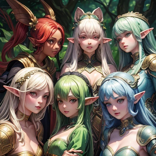 (((masterpiece))), Highest quality, Depicting a group of beautiful female elves、Highly detailed gouache style painting portrait, Smooth Shadows, Ultra-realistic textures, 8K, Highest quality, Characteristics of realistic manga, Stylized illustration, Smooth Shadows, Correct Anatomy, chromatic aberration, Neon Highlights, Global Warming Light, Dynamic pose, Expressive