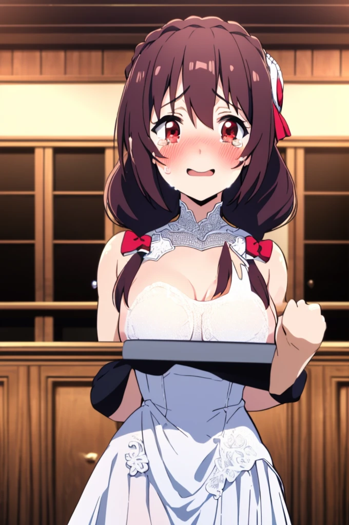(masterpiece, Highest quality), One girl,    Yunyun,Long Hair,Braiding,Twin tails,Hair between the eyes,Red hair ribbon,hair ornaments,large round breasts,、Black Hair、Red Eyes、(A happy face with tears in its eyes:1.2)、indoor、Crown Blade,(white prom dresses:1.5)、(blush:1.5)、cowboy shot