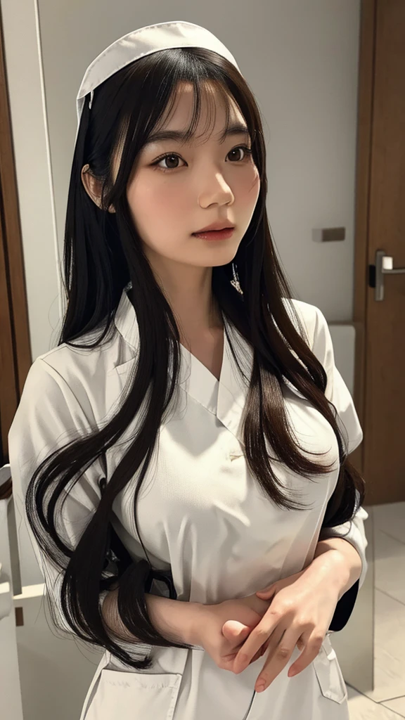 a beautiful japanese nurse girl, detailed face and eyes, long flowing brown hair, wearing a white nurse uniform, standing in a hospital corridor with a kind and caring expression, (best quality,4k,8k,highres,masterpiece:1.2),ultra-detailed,(realistic,photorealistic,photo-realistic:1.37),warm lighting,vibrant colors,intricate details,highly realistic,portrait,digital painting