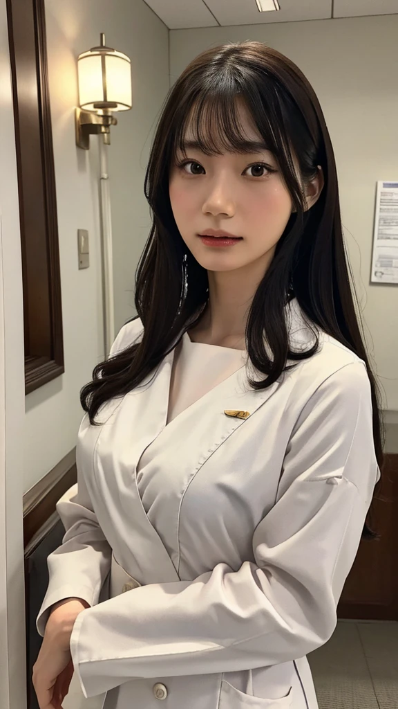 a beautiful japanese nurse girl, detailed face and eyes, long flowing brown hair, wearing a white nurse uniform, standing in a hospital corridor with a kind and caring expression, (best quality,4k,8k,highres,masterpiece:1.2),ultra-detailed,(realistic,photorealistic,photo-realistic:1.37),warm lighting,vibrant colors,intricate details,highly realistic,portrait,digital painting