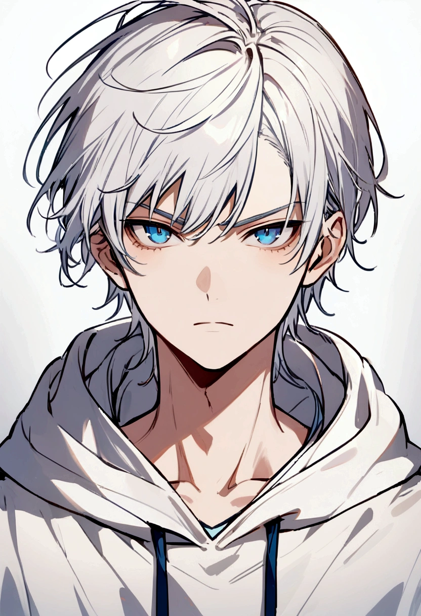Full potrait boy, white hair, blue eyes, wearing a white hoodie,