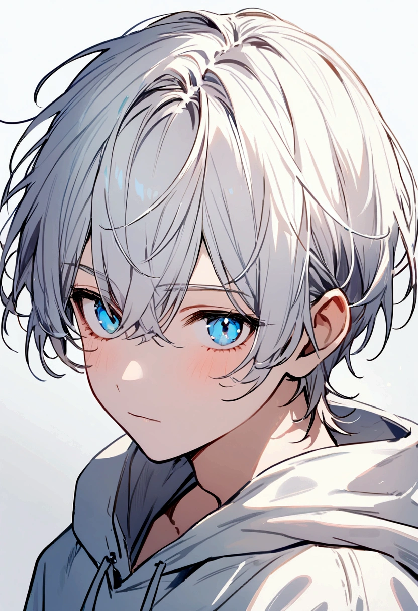 Full potrait boy, white hair, blue eyes, wearing a white hoodie,
