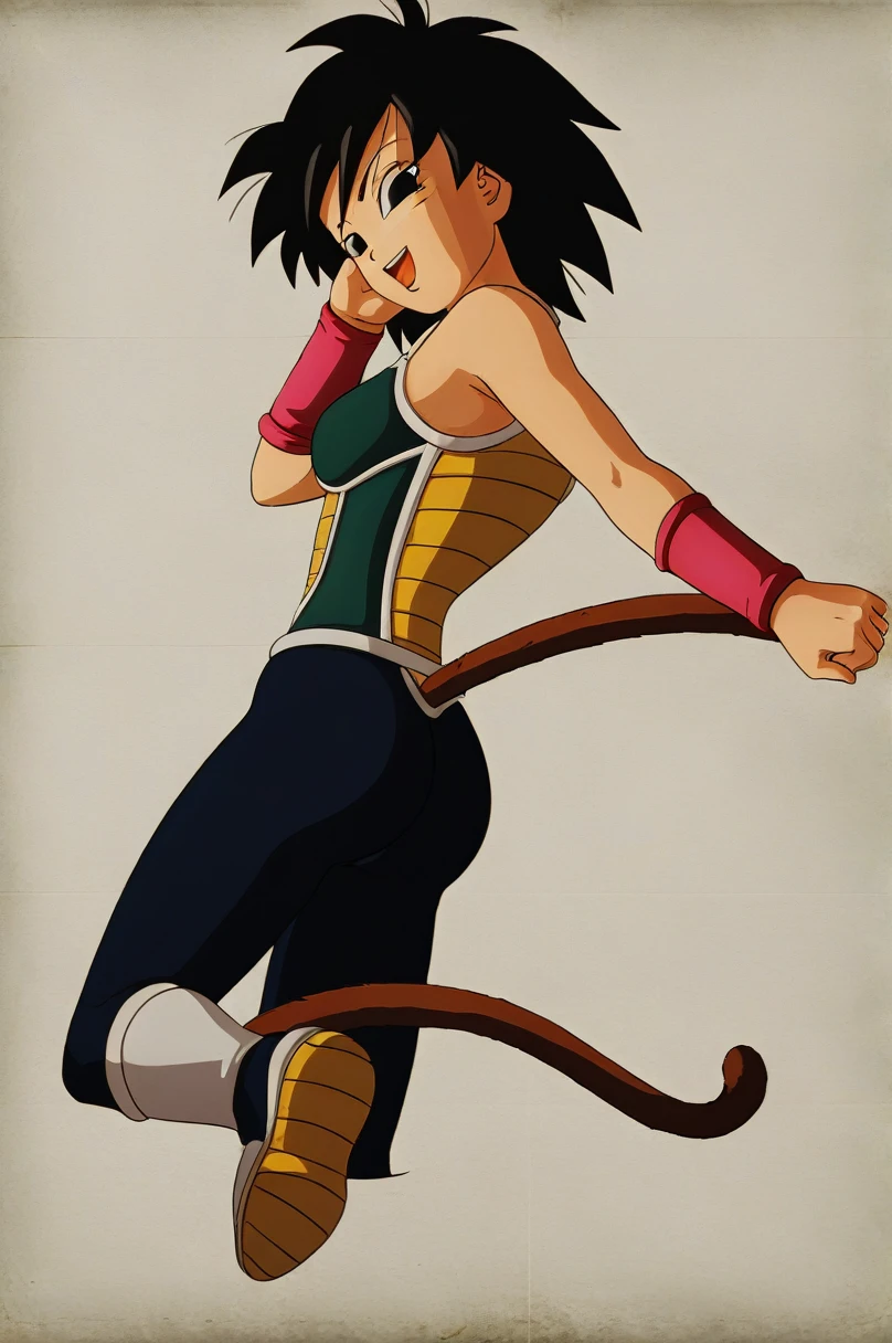 ((Fondo de pantalla CG unity 4k extremely detailed)),(Masterpiece),(Ultra quality),(ultra detailed),(best illustration),(best shadow),(extremely detailed),(absurdities),(detailed background), sexy butt, backwards, armor pegada, 1 girl, Alone, black fur, Open mouth, saiyan armor, black eyes, armor, short hair, wristband, SMILE, happy, medium senos, noticeable firm breasts, bare shoulders, looking at the viewer, sexy body, tight butt