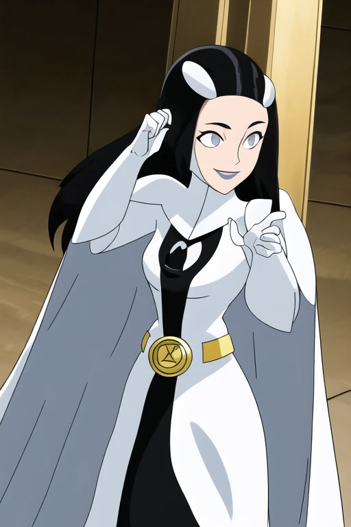 Phantom girl, long black hair, grey eyes, smile, white hair ornament, grey lips, sanpaku, belt, white cape, white gloves, best quality, masterpiece, cowboy shot