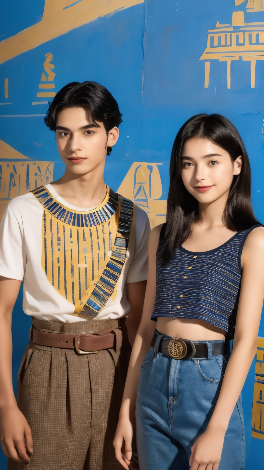 246 (In the mural２people々々々々々々々々々々), (An 18-year-old female and an 18-year-old male), short hair,kind, lipstick, Egyptian civilization, Waist belt, Hieroglyphics, smile