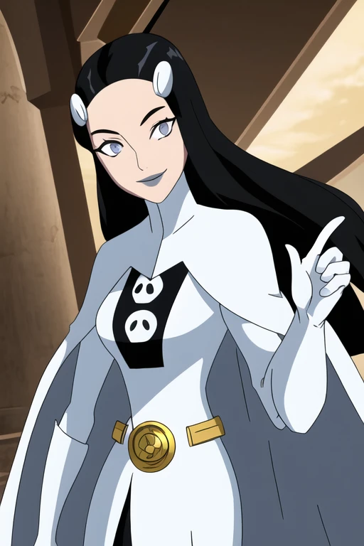 Phantom girl, long black hair, grey eyes, smile, white hair ornament, grey lips, sanpaku, belt, white cape, white gloves, best quality, masterpiece, cowboy shot