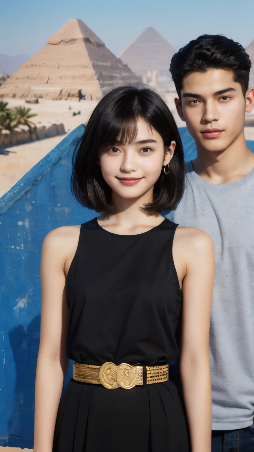 246 (In the mural２people々々々々々々々々々々), (An 18-year-old female and an 18-year-old male), short hair,kind, lipstick, Egyptian civilization, Waist belt, Hieroglyphics, smile