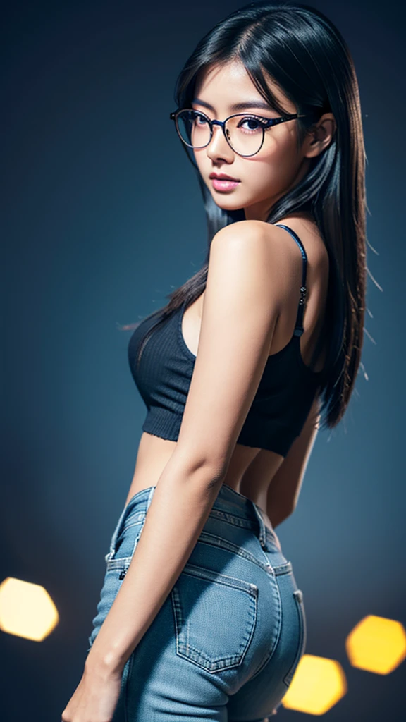 a cute young asian girl with dark skin, glasses, beautiful detailed eyes, beautiful detailed lips, extremely detailed face, long eyelashes, tight blue jeans, tight crop top, mid sized butt, high heels, looking at camera, detailed background, cinematic lighting, warm colors, photorealistic, 8k, high quality, digital art