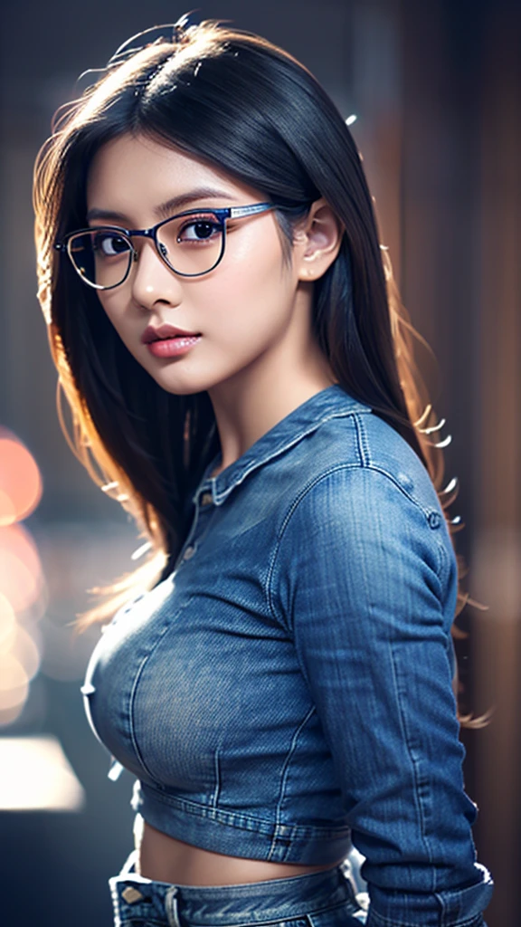 a cute young asian girl with dark skin, glasses, beautiful detailed eyes, beautiful detailed lips, extremely detailed face, long eyelashes, tight blue jeans, tight crop top, mid sized butt, high heels, looking at camera, detailed background, cinematic lighting, warm colors, photorealistic, 8k, high quality, digital art