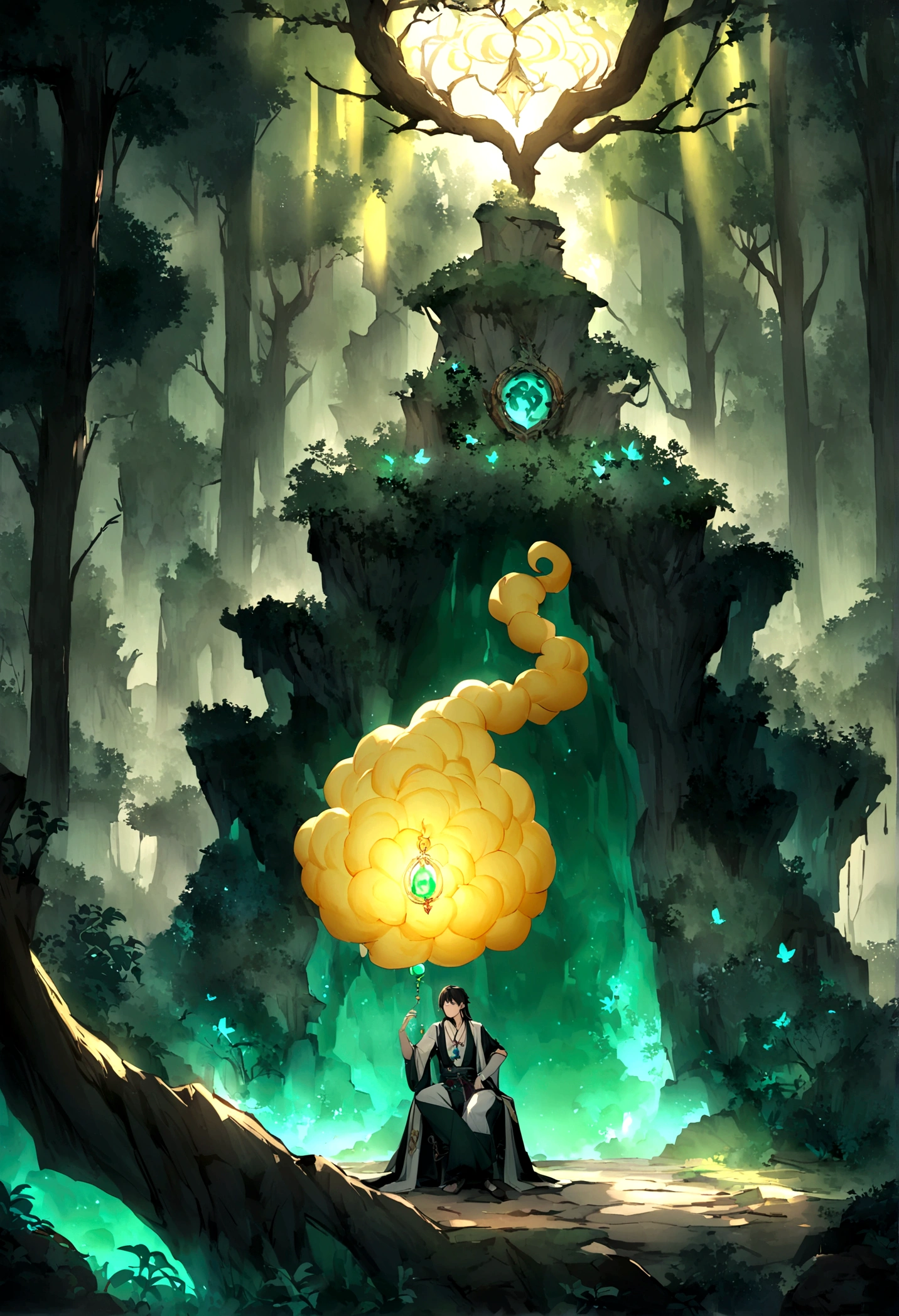 nimbus,Uninhabited primeval forest,Mysterious forest。A boy in an ancient cave looks at a shining jade pendant in shock,((Mysterious and dreamy scene)),Chinese style,Immortal World,Xianxia World