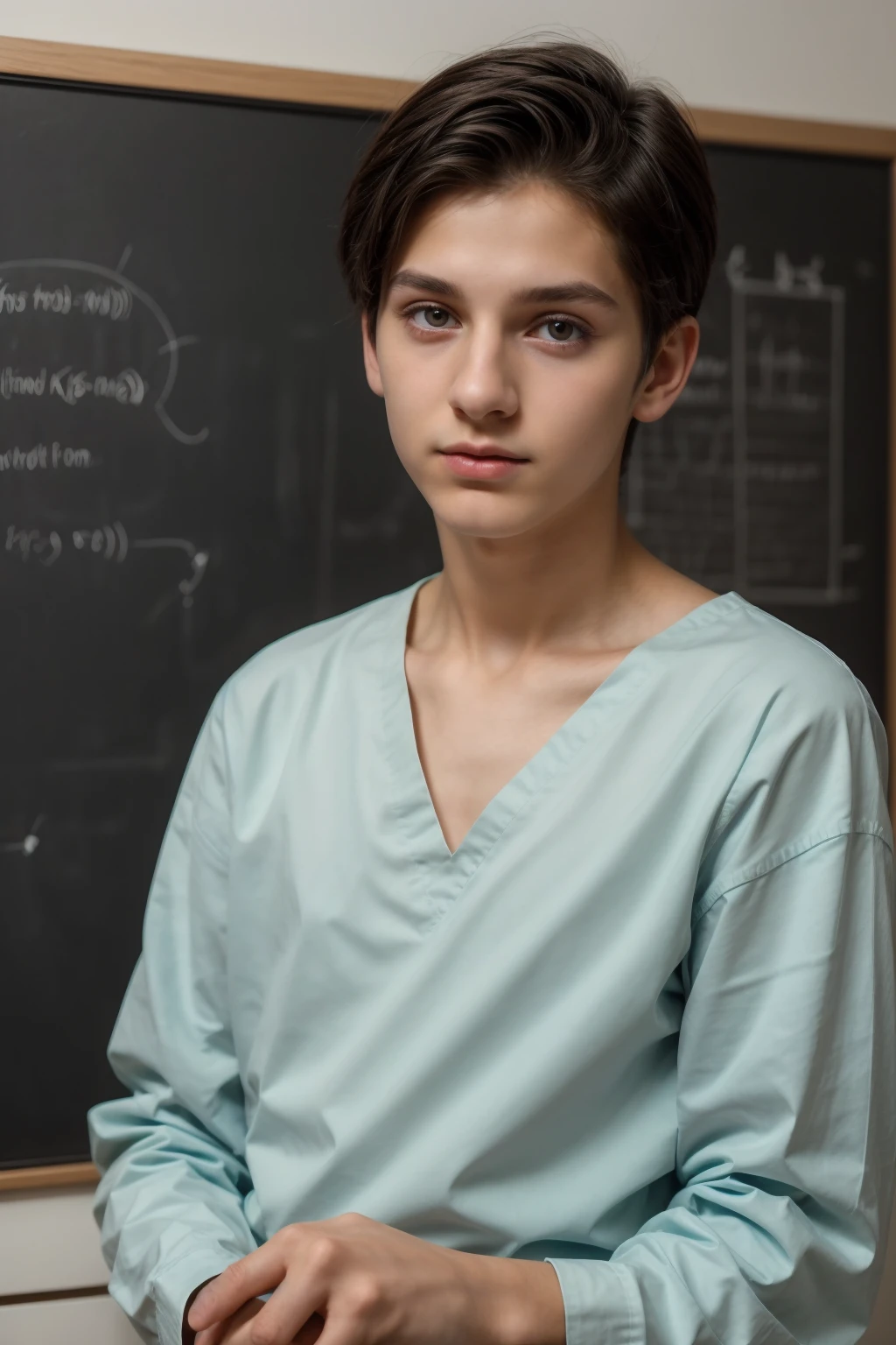 A young male twink, cute, beautiful, feminine, with a beautiful face with makeup, black hair, and his eyes have dark circles under them. He is wearing a long-sleeved aquamarine shirt and white jeans. He is in medical school, studying on a blackboard with brain anatomy written on it.