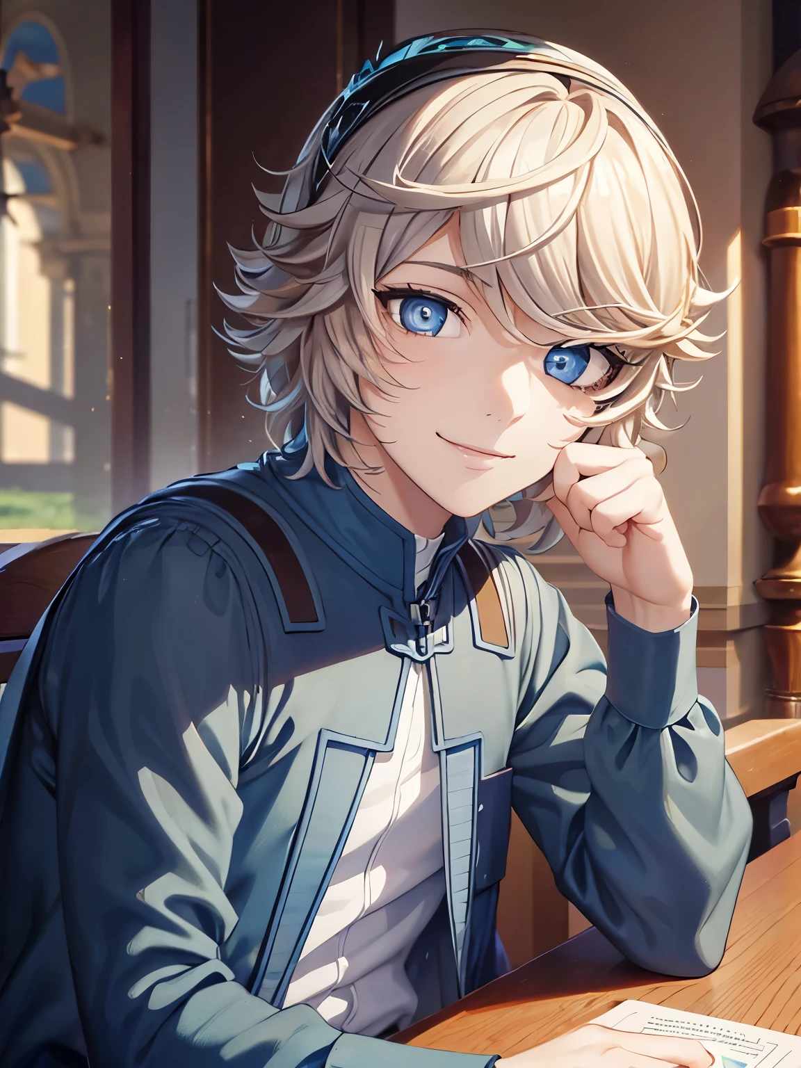 masterpiece, best quality, , 1boy, 5 ,solo, male focus, looking at viewer, white hair, blue eyes,Sitting in the kingdom,smile,close up photo
