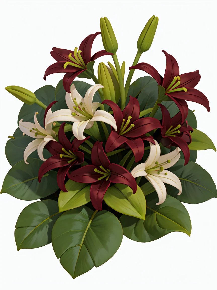 A bouquet of lilies，White background，Medium shot，Studio Gippley style，Miyazaki style，2.5D，Game texture，lifelike