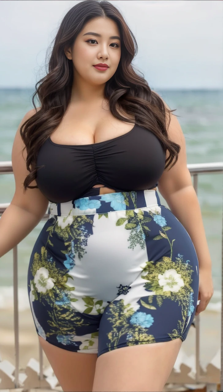 ((best quality)), ((masterpiece)), (detailed), perfect face, araffeTight skirtsShort , thicc, wavy short hair, she has a jiggly fat round belly, bbwchan, wearing tight simple clothes, skinny waist and thick hips, widest hips, her belly is fat and round, soft curvy shape, hyperrealistic full figure, wearing a cute top, wide hips, Blue swimsuit,On the beach by the seaBlue