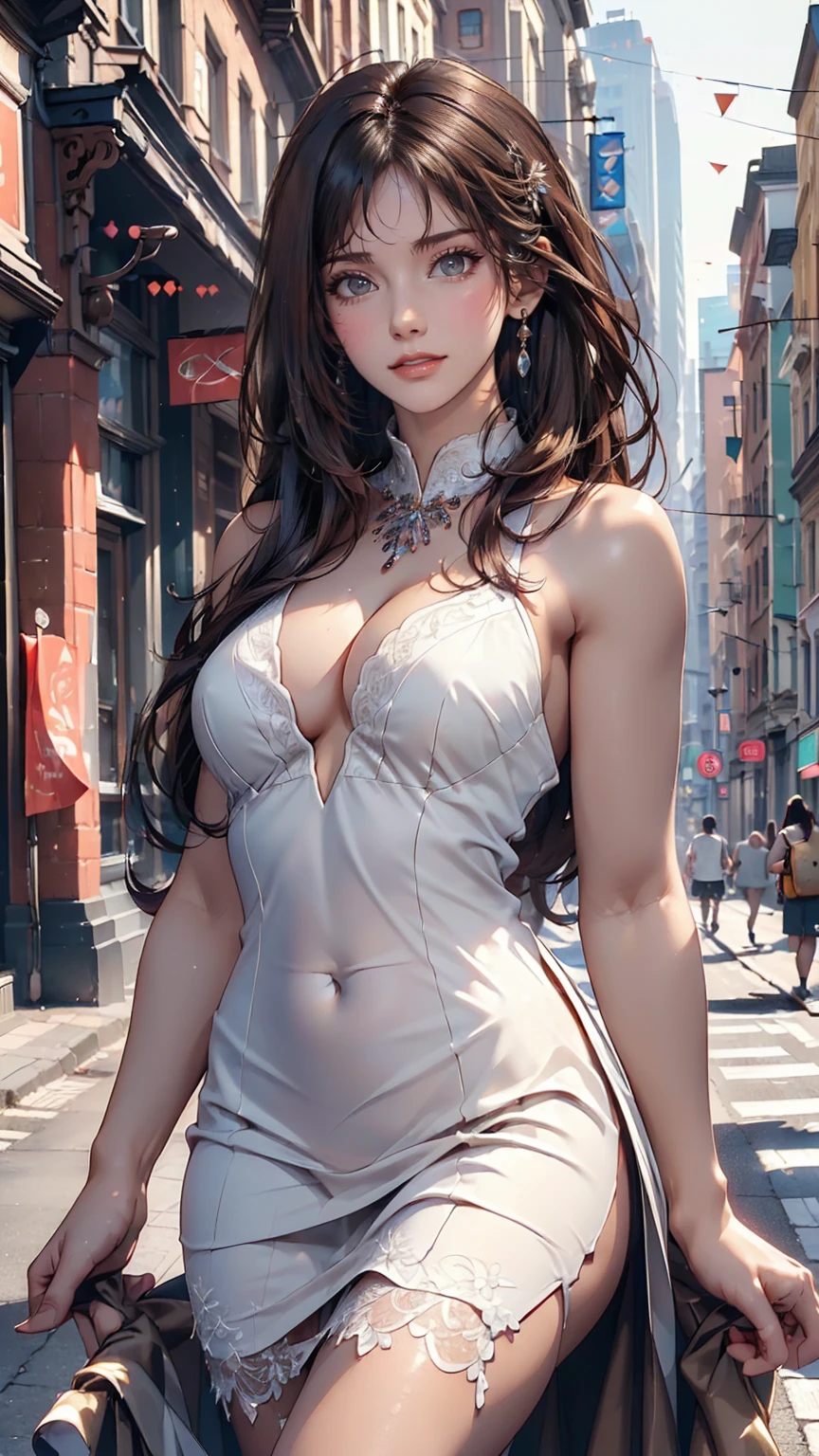 ((Highest quality, 8K, masterpiece :1.3)), One girl, smile, whole body, Slim face, Beautiful woman, (Dark brown hair), Full-length dress :1.1, Highly detailed face, Fine grain, double eyelid,  Blur the background, Slim face, city, outside, street,  ???? proportions、Narrow waist、????、