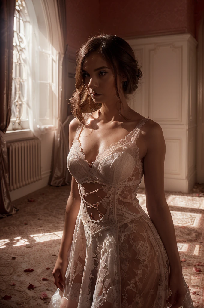 ((well lit room, with rose petal )), (work of art, best qualityer), (1 girl), (standing alone), ((squaret)), face perfect, ((, hair brunette, ,, cinematic light, solny day, dramatic lighting, ultra detail, 8K, dainty, (gothic lace, gothic roses, rich aesthetic)