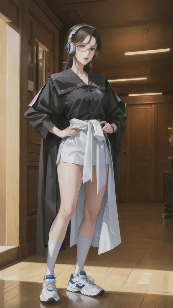 Character setting image, character sheet, whole body, entire body, full body, total body, standing, upright stance, erect posture, athletic shoes, with waist, light solid color background, 20-years-old beautiful female, black rim glasses, wearing white headphones, black hair, date clothes, Midsummer formal attire, civilian clothes, intellectual atmosphere, knowledge, scholarship, enthusiasm, front of whole body, immersion, concentration, sense of accomplishment, cinematic lighting, masterpiece, top quality, 4K, academic atmosphere, (masterpiece), (best quality), ultra-high res, sharp focus