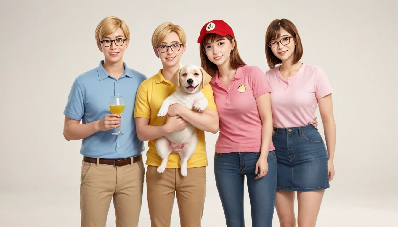 A group of six cartoon characters standing together in a family portrait style. The group consists of:
A tall, large man with short brown hair, wearing glasses, a white button-down shirt, green pants, and brown shoes.
A medium-height woman with short red hair, large breast, hourglass figure, wearing a green blouse, tan pants, and black shoes.
A teenage boy with blonde hair wearing a yellow baseball cap, a blue t-shirt, black pants, and red shoes.
A teenage girl, medium breasts, hourglass figure, with short brown hair wearing glasses, a pink beanie, a pink shirt, and blue pants.
A white dog standing on its hind legs, holding a martini glass.
A baby with a round head, dressed in a yellow shirt and red overalls.
The background is plain white, keeping the focus on the characters. The characters exhibit a cheerful and friendly demeanor, with the parents and children standing close together, and the dog and baby in the front.