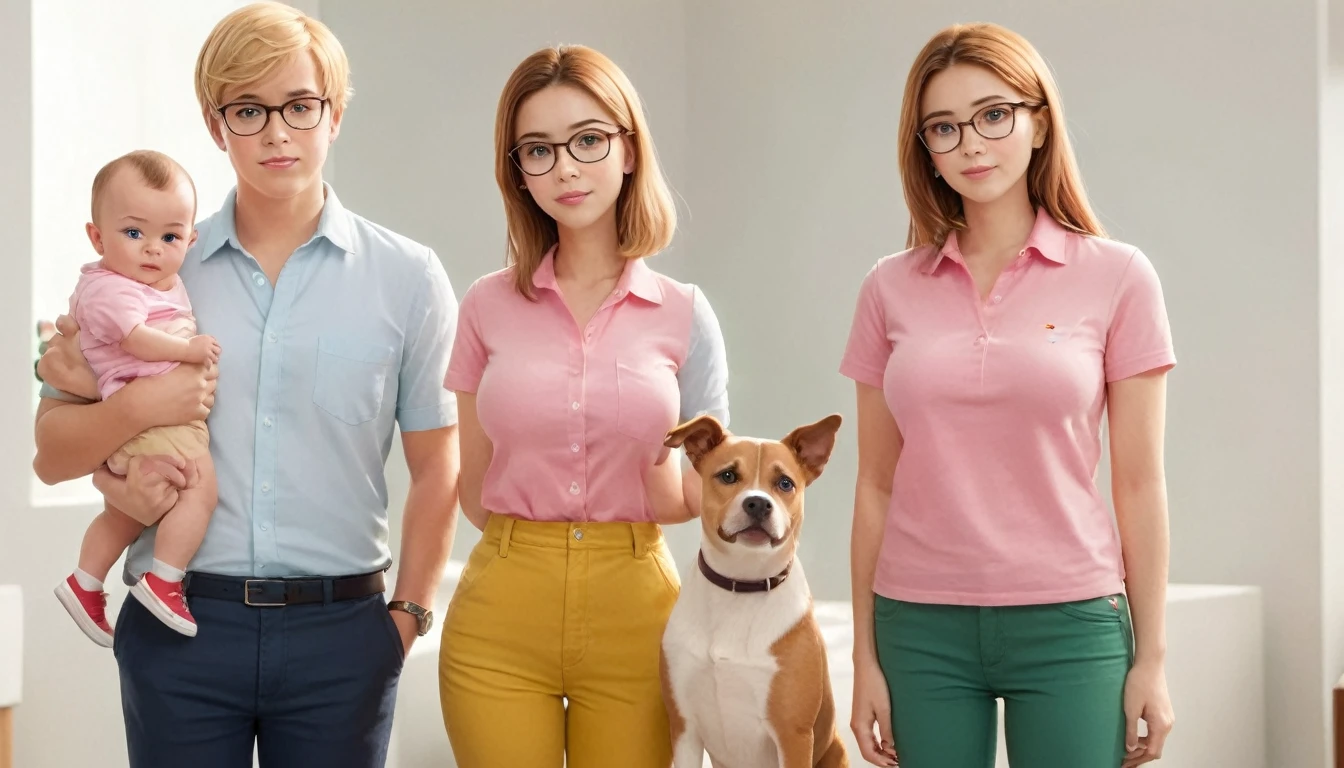 A group of six cartoon characters standing together in a family portrait style. The group consists of:

A tall, large man with short brown hair, wearing glasses, a white button-down shirt, green pants, and brown shoes.
A medium-height woman with short red hair, large breast, hourglass figure, wearing a green blouse, tan pants, and black shoes.
A teenage boy with blonde hair wearing a yellow baseball cap, a blue t-shirt, black pants, and red shoes.
A teenage girl, medium breasts, hourglass figure, with short brown hair wearing glasses, a pink beanie, a pink shirt, and blue pants.
A white dog standing on its hind legs, holding a martini glass.
A baby with a round head, dressed in a yellow shirt and red overalls.
The background is plain white, keeping the focus on the characters. The characters exhibit a cheerful and friendly demeanor, with the parents and children standing close together, and the dog and baby in the front.