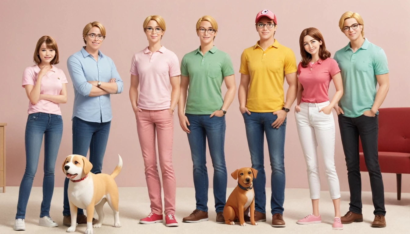 A group of six cartoon characters standing together in a family portrait style. The group consists of:
A tall, large man with short brown hair, wearing glasses, a white button-down shirt, green pants, and brown shoes.
A medium-height woman with short red hair, large breast, hourglass figure, wearing a green blouse, tan pants, and black shoes.
A teenage boy with blonde hair wearing a yellow baseball cap, a blue t-shirt, black pants, and red shoes.
A teenage girl, medium breasts, hourglass figure, with short brown hair wearing glasses, a pink beanie, a pink shirt, and blue pants.
A white dog standing on its hind legs, holding a martini glass.
A baby with a round head, dressed in a yellow shirt and red overalls.
The background is plain white, keeping the focus on the characters. The characters exhibit a cheerful and friendly demeanor, with the parents and children standing close together, and the dog and baby in the front.