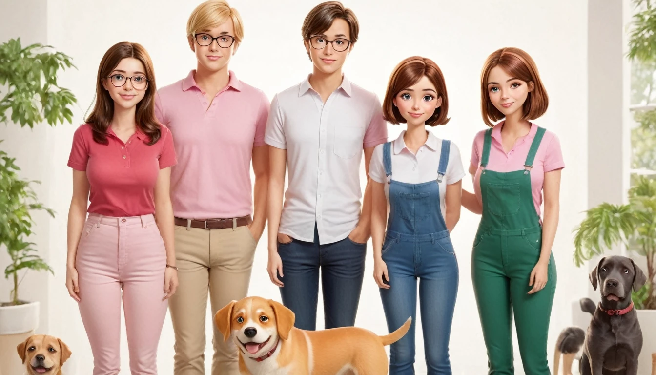 A group of six cartoon characters standing together in a family portrait style. The group consists of:

A tall, large man with short brown hair, wearing glasses, a white button-down shirt, green pants, and brown shoes.
A medium-height woman with short red hair, large breast, hourglass figure, wearing a green blouse, tan pants, and black shoes.
A teenage boy with blonde hair wearing a yellow baseball cap, a blue t-shirt, black pants, and red shoes.
A teenage girl, medium breasts, hourglass figure, with short brown hair wearing glasses, a pink beanie, a pink shirt, and blue pants.
A white dog standing on its hind legs, holding a martini glass.
A baby with a round head, dressed in a yellow shirt and red overalls.
The background is plain white, keeping the focus on the characters. The characters exhibit a cheerful and friendly demeanor, with the parents and children standing close together, and the dog and baby in the front.