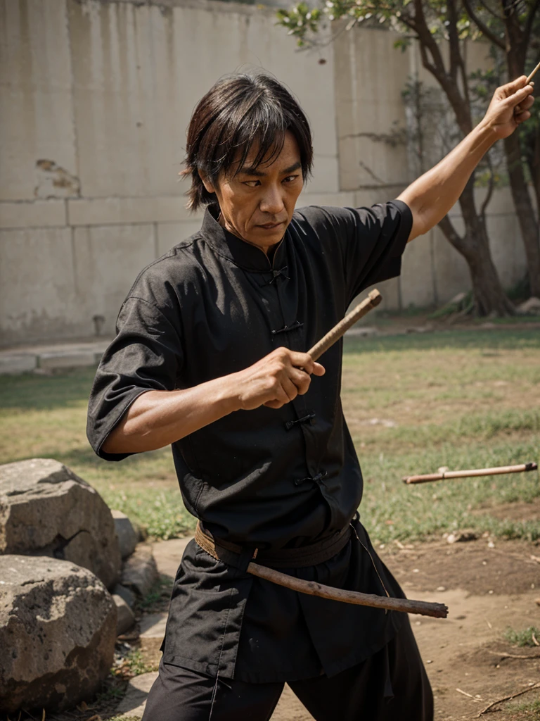 Old ancient chinese kungfu master with stick in hand