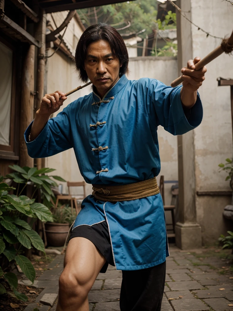 Old ancient chinese kungfu master with stick in hand