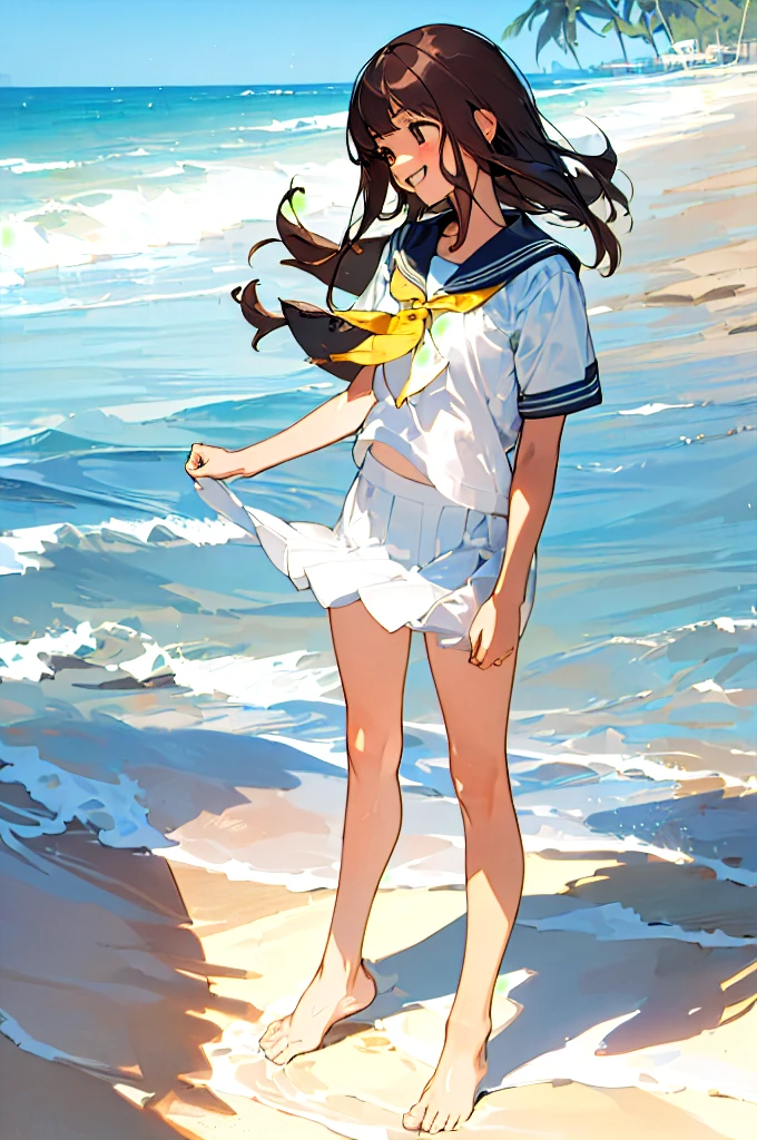 ((masterpiece, best quality, realistic transparent water, standing solo  saying come here in the beach)), (bare legs, bare foots, detailed hands, cute bright brown-eyes laughing face, black-medium-length-hair, detailed short-sleeve summer white-sailor-fuku), tuned skin, best sun lighting, beach-sand, best shadow, white-shell, 