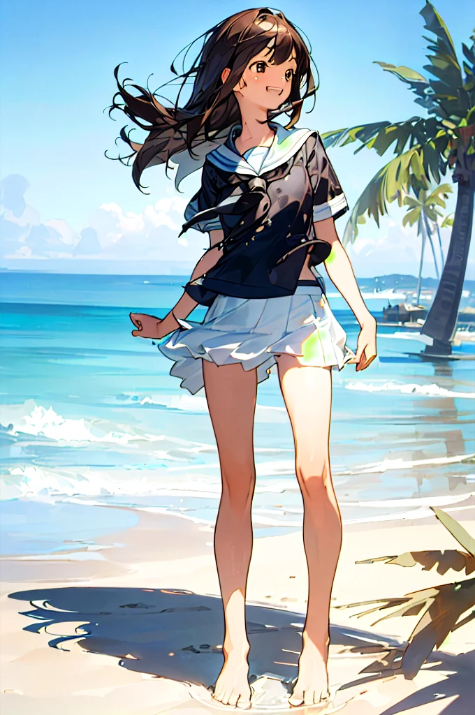 ((masterpiece, best quality, realistic transparent water, standing solo  saying come here in the beach)), (bare legs, bare foots, detailed hands, cute bright brown-eyes laughing face, black-medium-length-hair, detailed short-sleeve summer white-sailor-fuku), tuned skin, best sun lighting, beach-sand, best shadow, white-shell, 