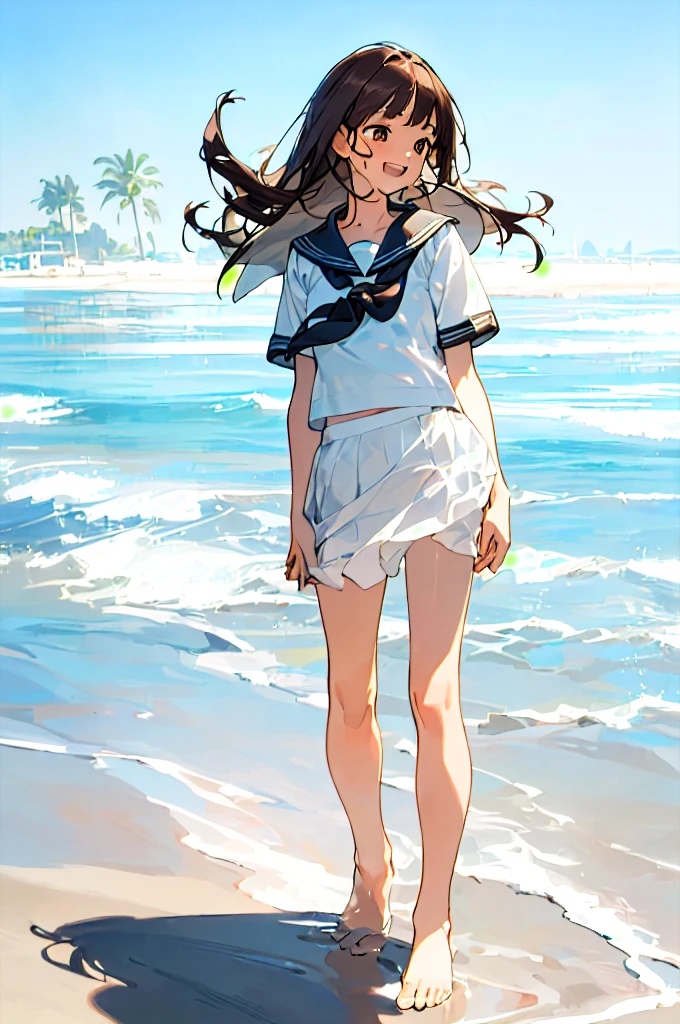 ((masterpiece, best quality, realistic transparent water, standing solo  saying come here in the beach)), (bare legs, bare foots, detailed hands, cute bright brown-eyes laughing face, black-medium-length-hair, detailed short-sleeve summer white-sailor-fuku), tuned skin, best sun lighting, beach-sand, best shadow, white-shell, 