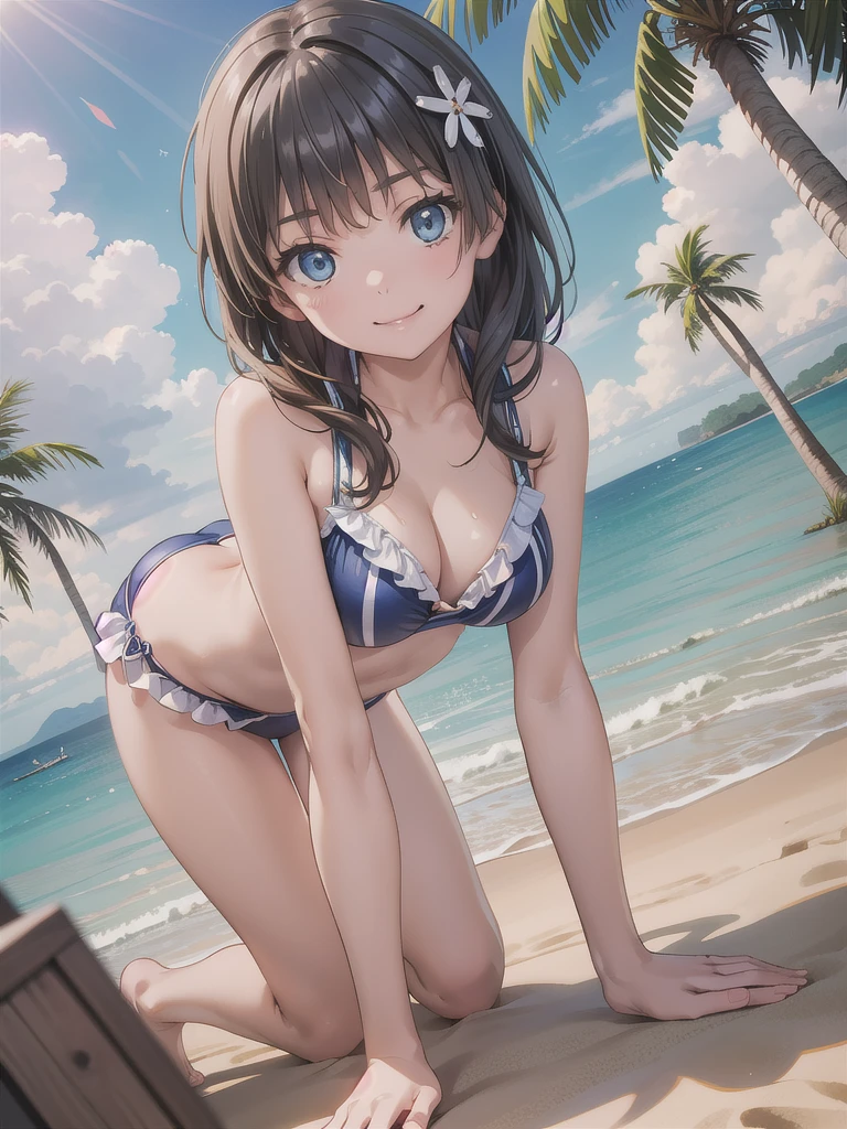 Okay, Saten Ruiko, Black Hair, blue eyes, Long Hair, ((hair ornaments)), Floral decoration, smile
((Sexy Swimwear:1.3)), 
((Beach, Palm tree:1.3)),  ((Arms above head:1.3) ,looking at viewer, (Cowboy Shot:1.5), ((Dutch Angle:1.3)), break (masterpiece:1.2), Highest quality, High resolution, unity 8k wallpaper, (figure:0.8), (Beautiful fine details:1.6), Highly detailed face, Perfect lighting, Highly detailed CG, (Perfect hands, Perfect Anatomy:.3), On all fours