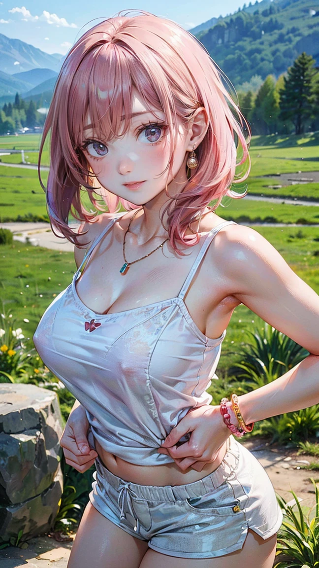 (Masterpiece, BestQuality:1.3), (ultra detailed:1.2), (hyperrealistic:1.3), (RAW photo:1.2), High detail RAW color photo, professional photograph, (Photorealistic:1.4), (realistic:1.4), professional lighting, perfect anatomy, (:1.2), (blush, detailed face), (cheerful Smile:1.5), Trending Hair&Trending Hairカラーをランダムに, earrings, necklace, bracelet, sexly, erotsexly,  sexy gure poses, (A utiful pink-haired woman wearing a white camisole and shorts、She is smiling and posing sexy while enjoying a hike the mountains in spring。:1.3)
