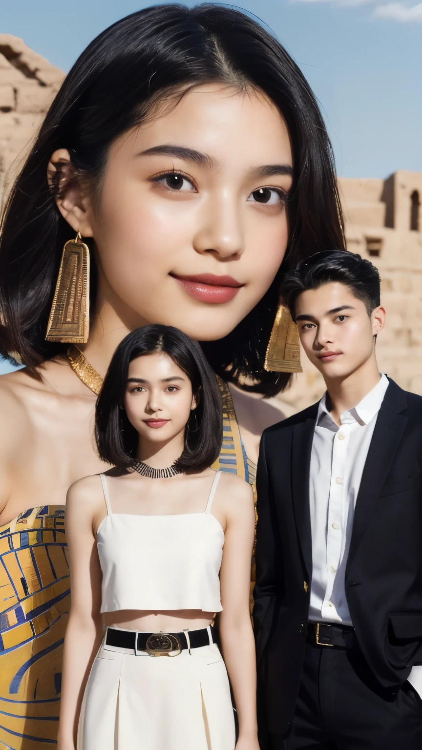 246 (In the mural2people々々々々々々々々々々), (An 18-year-old female and an 18-year-old male), short hair,kind, lipstick, Egyptian civilization, Waist belt, Hieroglyphics, smile