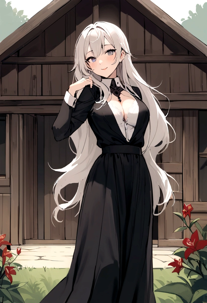 Female, about forty years old，Traditional beauty，Surrealism，Real face like real people，Crouching facing the camera，Black shawl hair，Next to it is a rural house.，Road environment general，Wearing a white suspender skirt，Black leggings on the bottom，With a hint of a smile on his face，Chest C cup