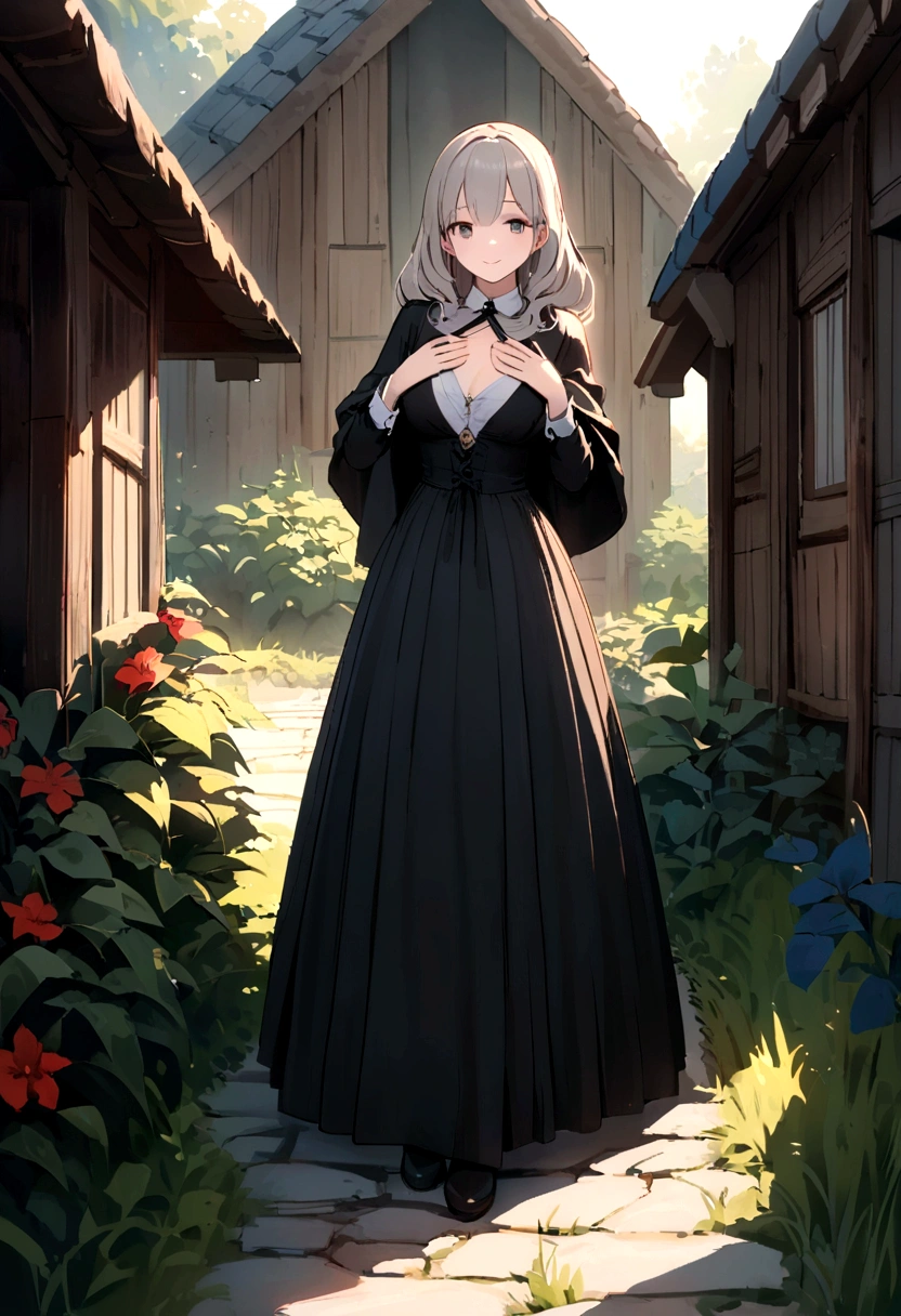Female, about forty years old,Traditional beauty,Surrealism,Real face like real people,Crouching facing the camera,Black shawl hair,Next to it is a rural house.,Road environment general,Wearing a white suspender skirt,Black leggings on the bottom,With a hint of a smile on his face,Chest C cup