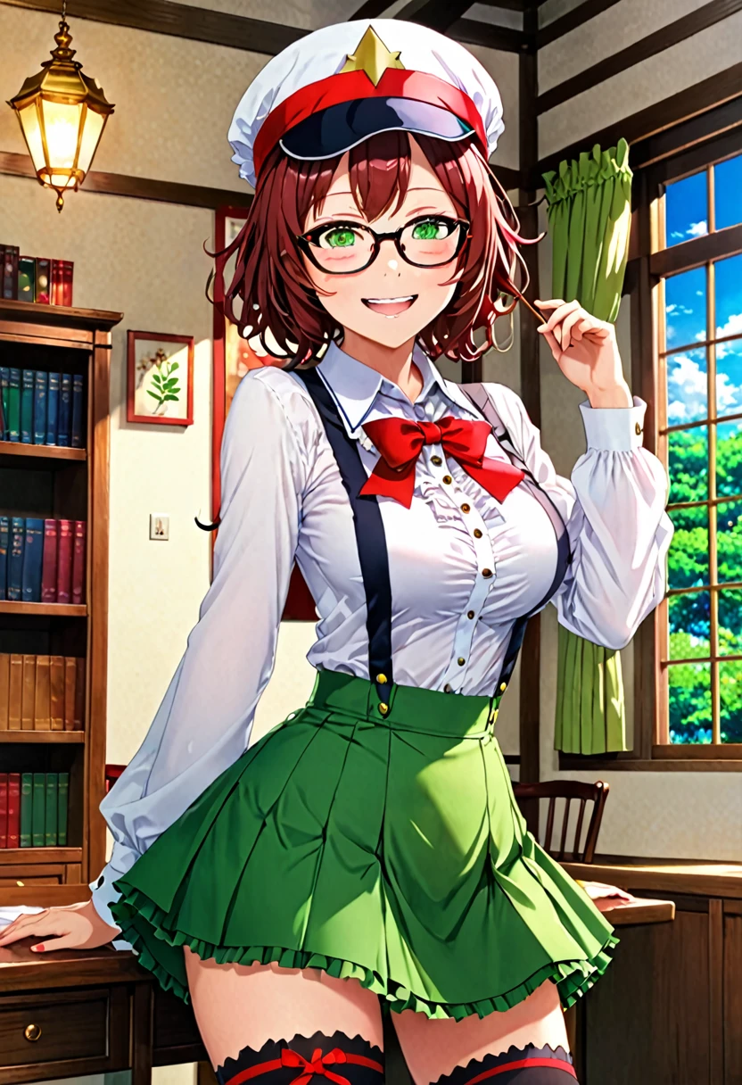 ((masterpiece, Highest quality)), Aston Machan (umamusume),, smile, Large Breasts, Upper Body, , Long sleeve, White shirt, Frills, Green Skirt, button, Black knee socks, Hanging, , With glasses, Red frame glasses, Red hat crown, , Crazy Eyes, Glowing Eyes, ,
