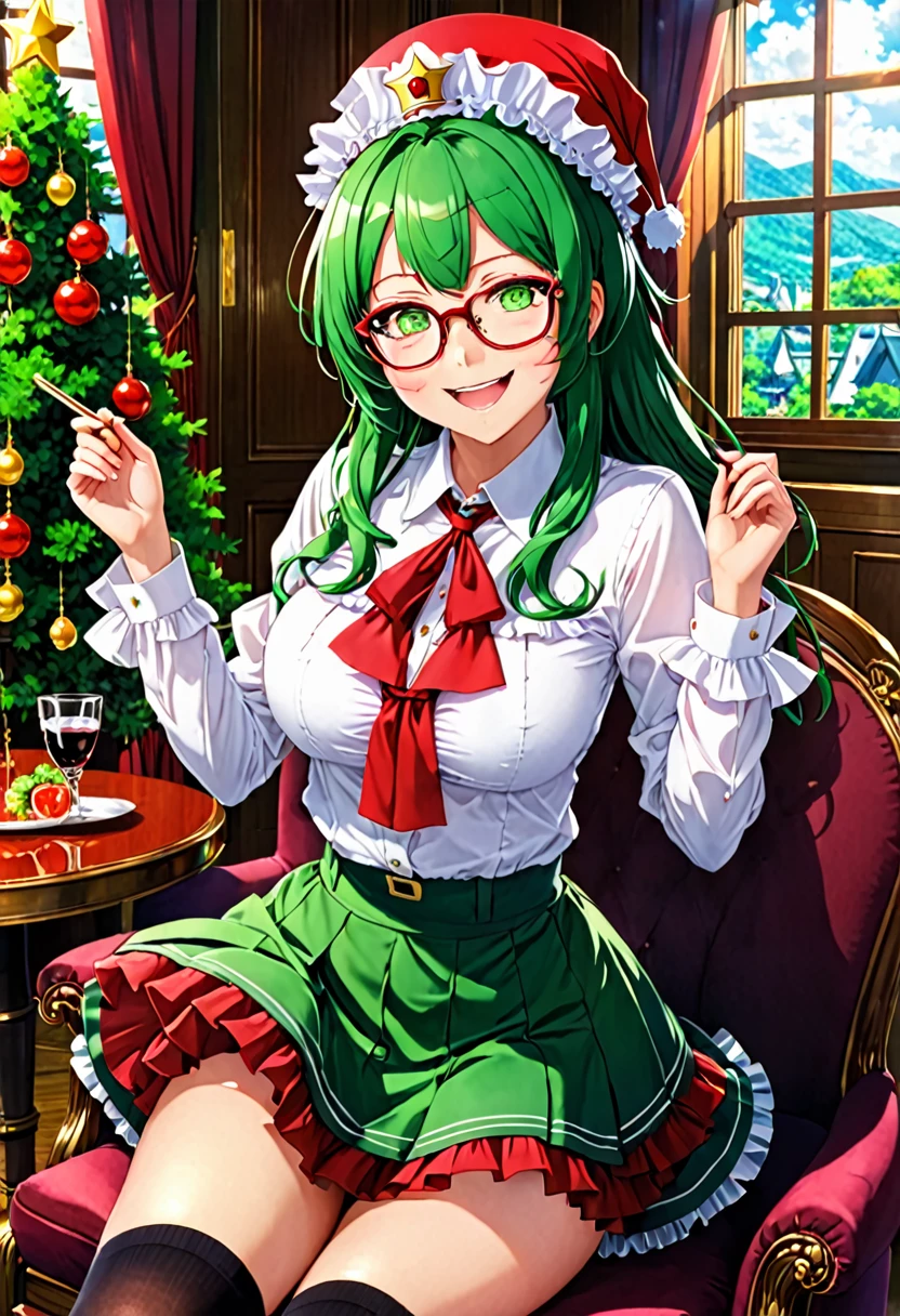 ((masterpiece, Highest quality)), Aston Machan (umamusume),, smile, Large Breasts, Upper Body, , Long sleeve, White shirt, Frills, Green Skirt, button, Black knee socks, Hanging, , With glasses, Red frame glasses, Red hat crown, , Crazy Eyes, Glowing Eyes, ,