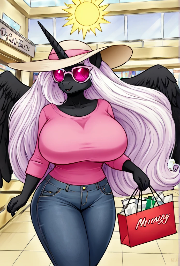 Alicorn , white mane, ,black fur color long flowing mane pink eyes anthro huge breasts light pink shirt sunglasses ,jeans ,sun hat ,shopping ,mall
