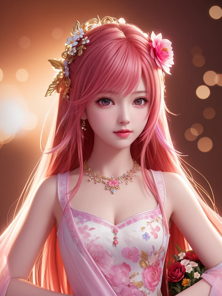best quality, masterpiece, High target, There is a girl with a basket of flowers on her head, beautiful clothes, Hair Decorationss, necklace, Decorations, Pretty Face, When the body, Tyndall effect, Realistic Portraits, Edge lighting, Two-color light, (Very delicate skin:1.2), 8K uhd, Digital SLR Camera, Soft Light, high quality, Volumetric Lighting, Honest, photo, high resolution, 4K, 8K, Bokeh,Fuchsia hair,Orange hair tips, Pink Eyes.