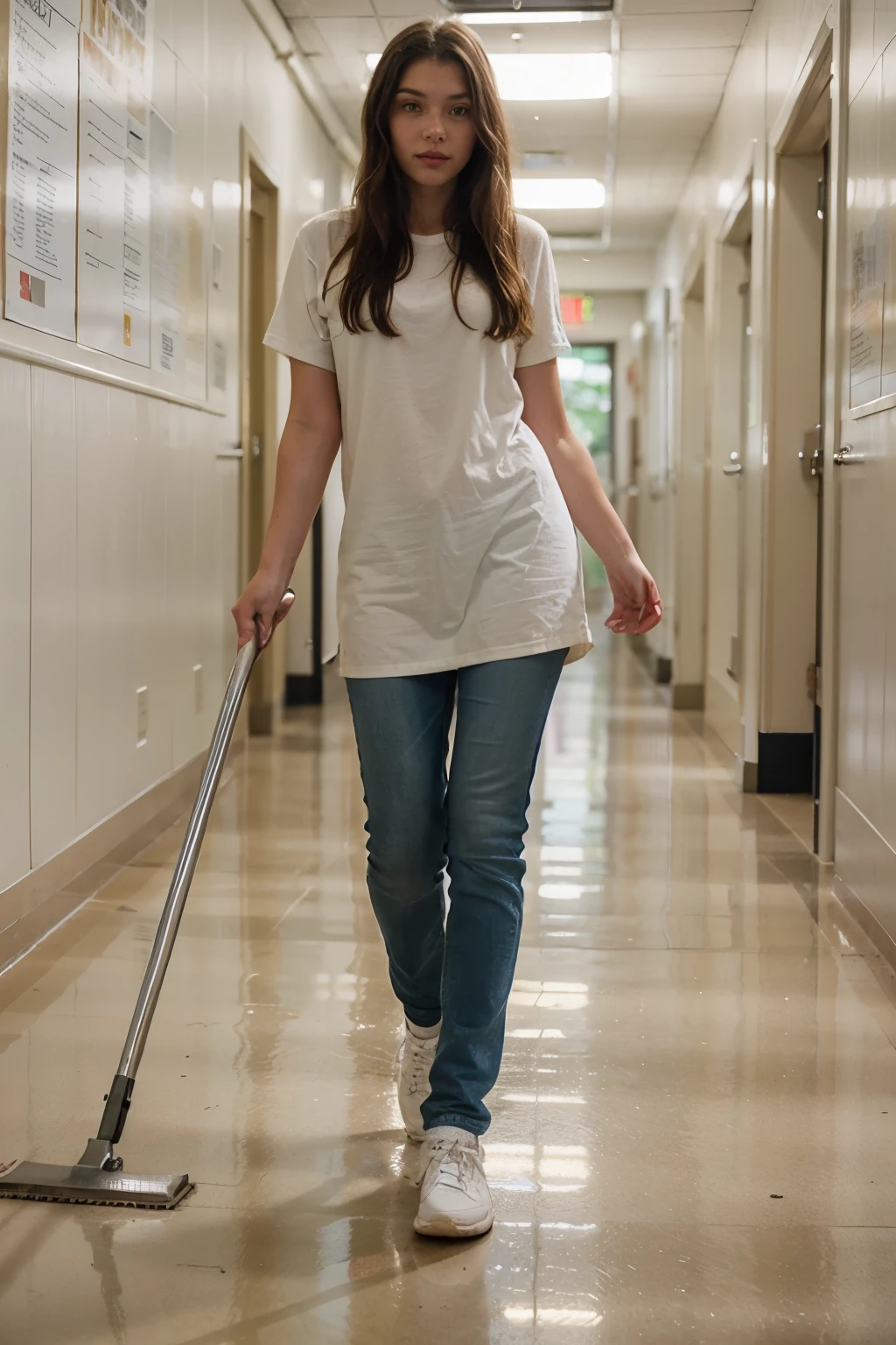 arafed woman sweeping the floor in a school hallway, high school, sweeping, clean detailed, super clean, miranda meeks, katey truhn, puttin, rachel wall, clean, alana fletcher, crisp and sharp, maintenance, clean line, jenna barton, b - roll, clean composition, nice composition, very clean, majestic sweeping action, perfect detail mopping the floors as a janitors in a public school, beautiful female model (Derevschikova:1.5)