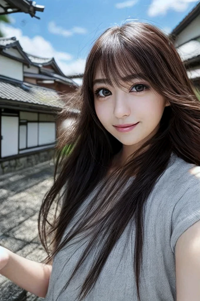Ultra High Definition,excellent image quality,Rich Colors,8k,32k,Lifelike Images,realistic,photorealistic,masterpiece,ultra-detailed,Deep Contrast,High Fidelity,True-to-Life Colors,Optimal Performance,Top-Notch,Authentic,Close-to-reality,Charming,cute,Angelic,japanese girl,Long straight hair,Selfie view,Upward glanc.a snapshot showing the whole body.A casual moment in winter.the sky is a little clear.at japanese townscape