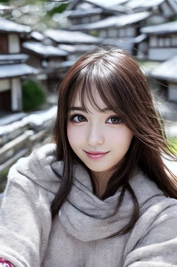 Ultra High Definition,excellent image quality,Rich Colors,8k,32k,Lifelike Images,realistic,photorealistic,masterpiece,ultra-detailed,Deep Contrast,High Fidelity,True-to-Life Colors,Optimal Performance,Top-Notch,Authentic,Close-to-reality,Charming,cute,Angelic,japanese girl,Long straight hair,Selfie view,Upward glanc.a snapshot showing the whole body.A casual moment in winter.the sky is a little clear.at japanese townscape